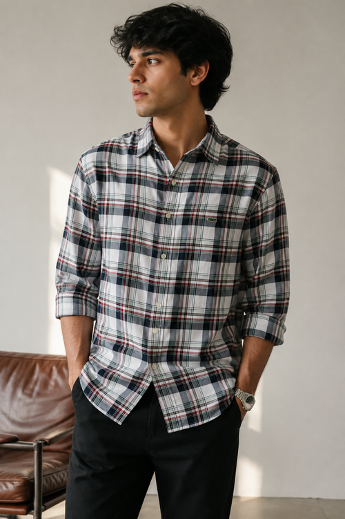 RǏWYÑ Heritage Plaid Shirt in ivory, slate and red