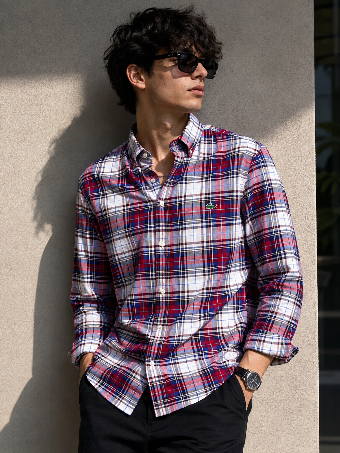 RǏWYÑ Heritage Plaid Shirt in ruby red, navy and white