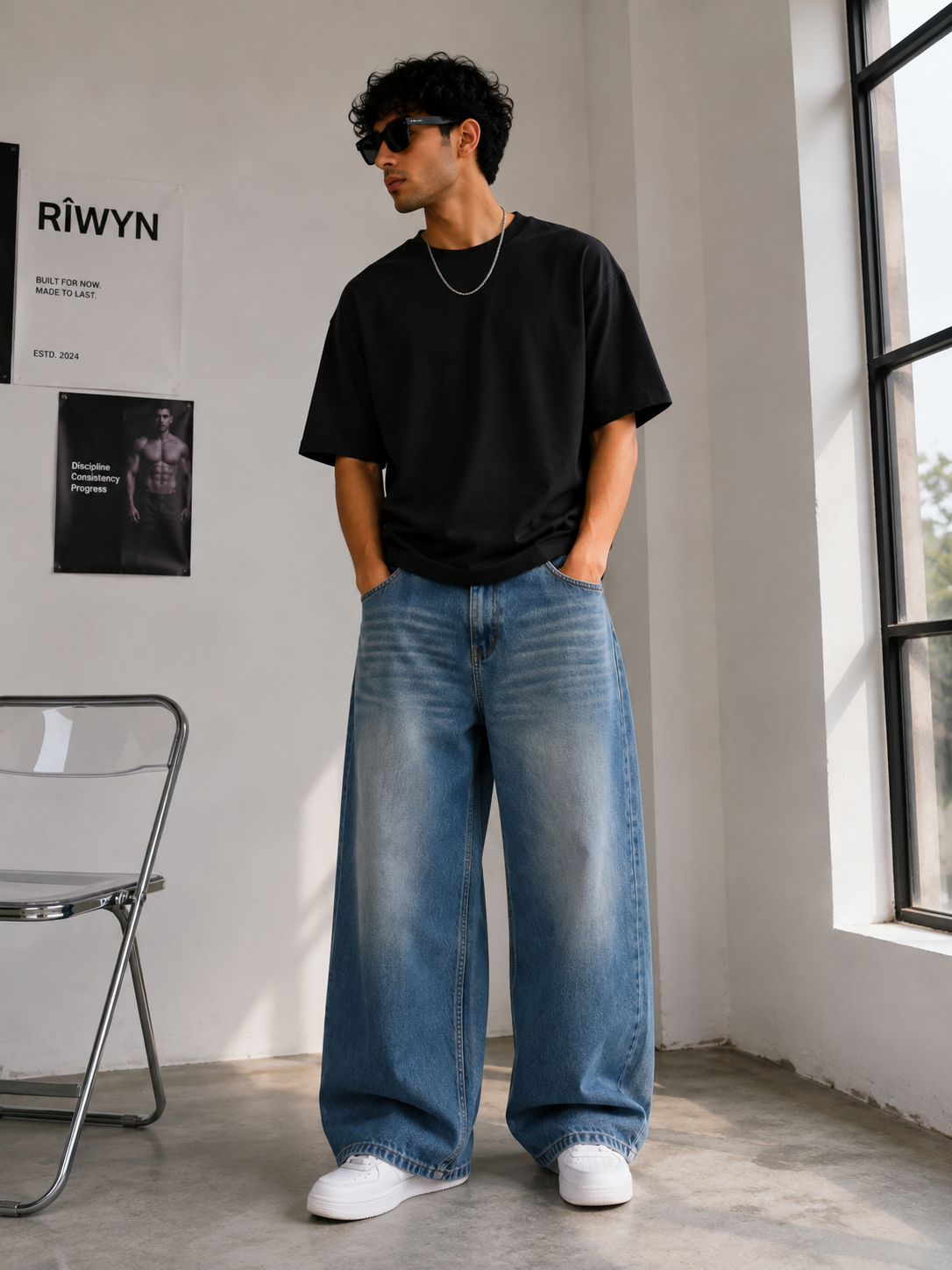 RǏWYÑ Wide Leg Pants dark blue wash worn by model