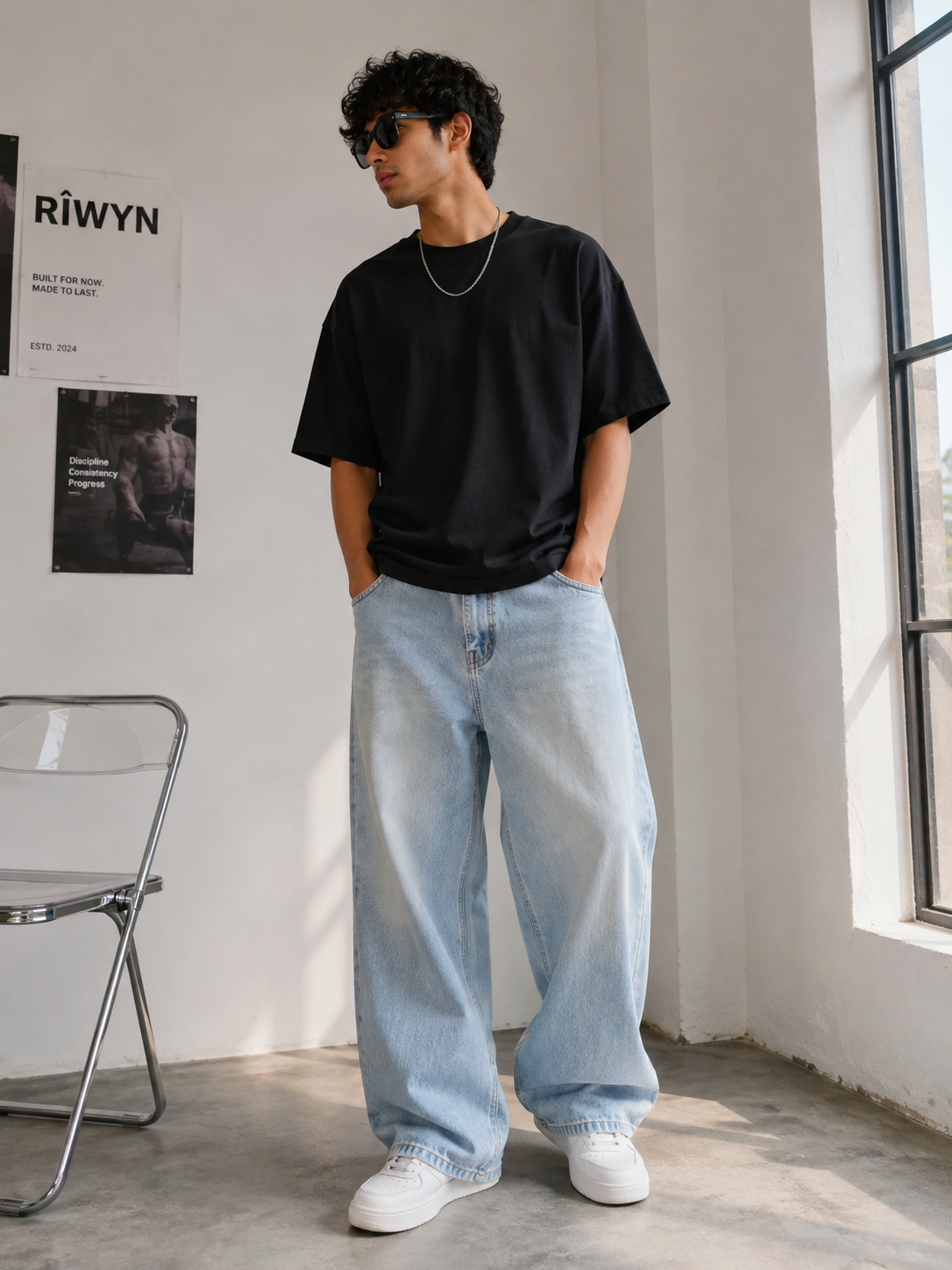 RǏWYÑ Wide Leg Pants ice blue wash worn by model