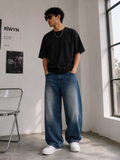 RǏWYÑ Wide Leg Pants washed blue worn by model