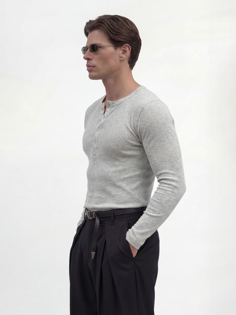 FUGAZEE Men Solid Henley Neck Cotton Blend Grey T-Shirt