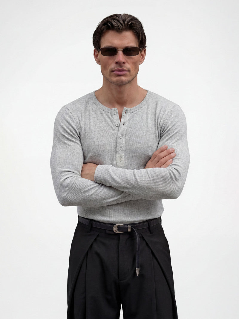 FUGAZEE Men Solid Henley Neck Cotton Blend Grey T-Shirt
