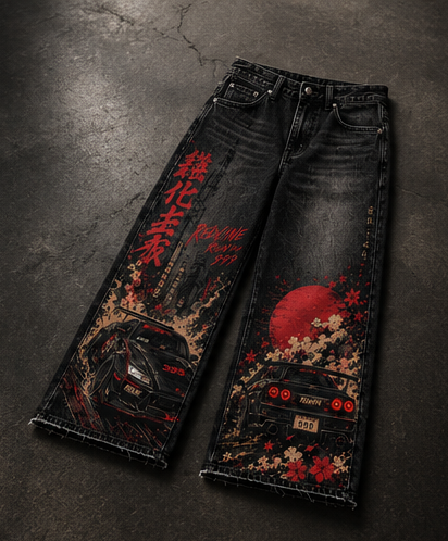 RǏWYÑ REDLINE RUN Wide-Leg Denim Printed Jeans- Limited Edition