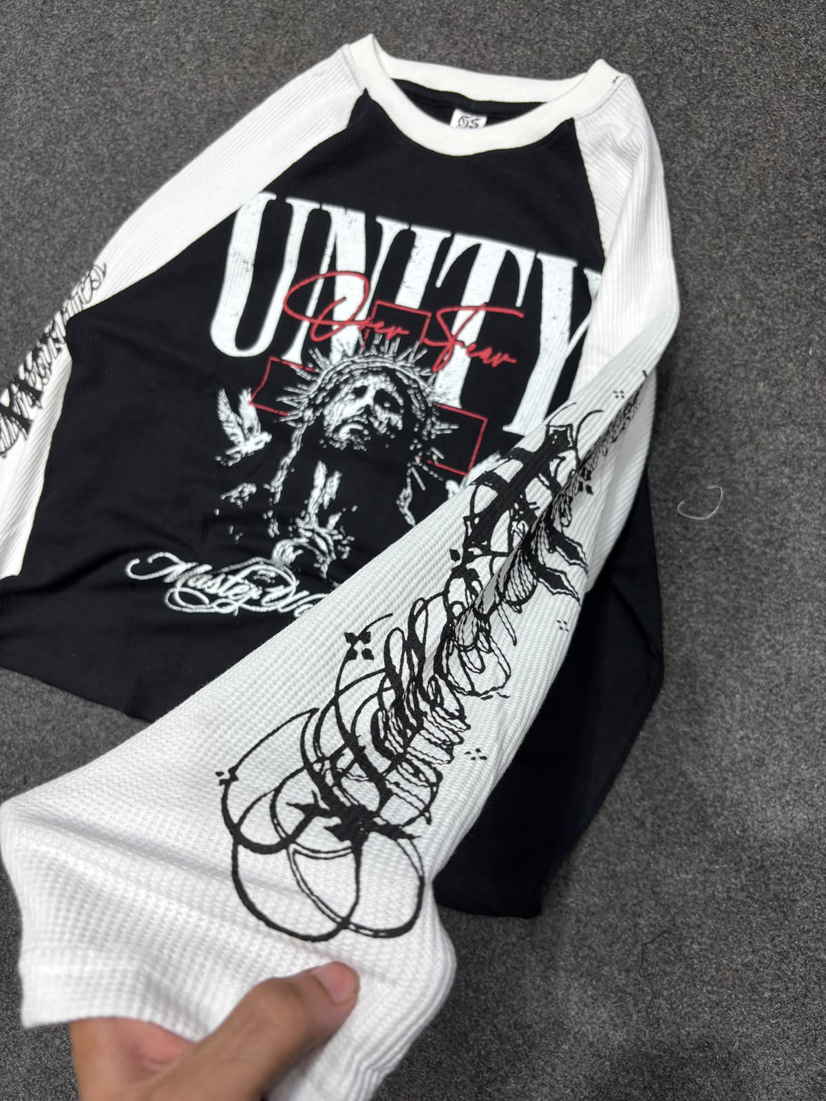 Black and white graphic tee front and sleeve print